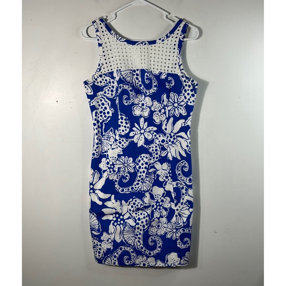 Lilly Pulitzer Marianne Shift Dress Blue Seahorse Print White Grid Eyelet 4